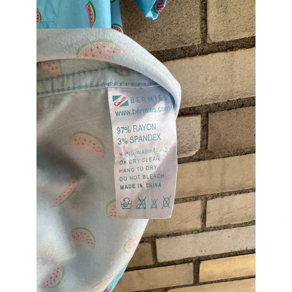 Bermies Watermelon Print Short Sleeve Button Down Shirt Aqua Blue Men's Large - Picture 4 of 5